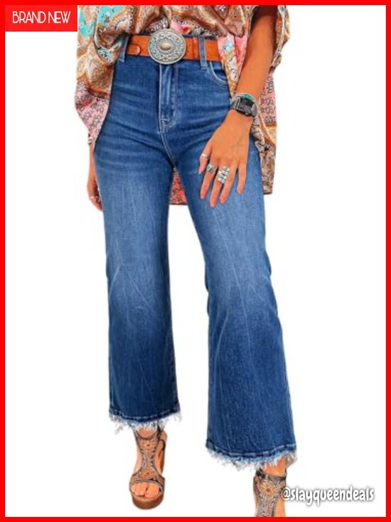 Denim - High Waisted Flared Jeans Stretchy Raw Hem Denim Pants
